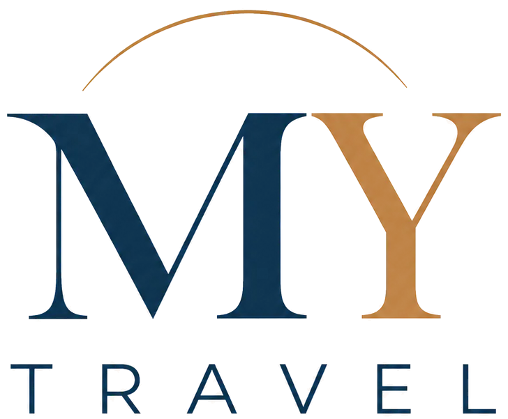 MY Travel logo — MY in ink navy with a terracotta-gold Y, TRAVEL in letterspaced capitals beneath, under a thin gold arc